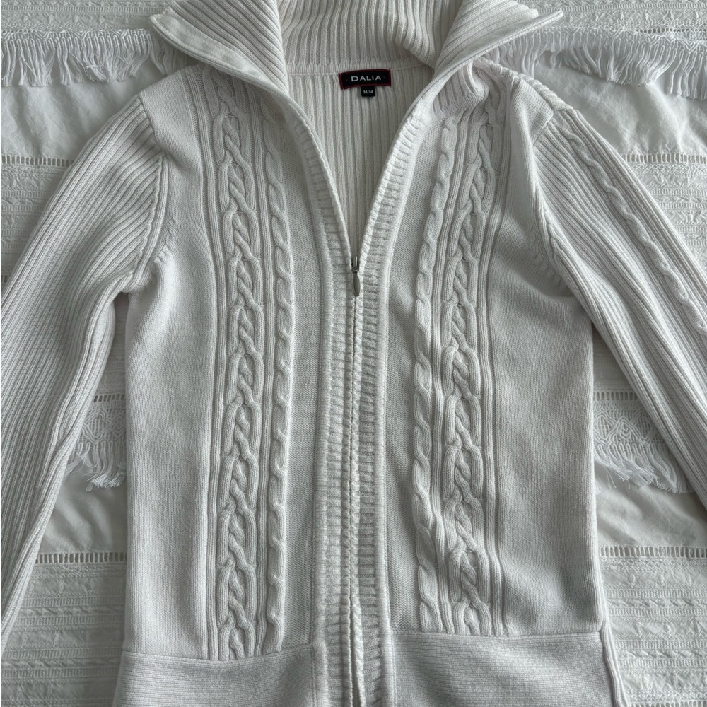 Dalia Cream Cable Knit Turtleneck Zip-Up Sweater - Picture 2 of 6